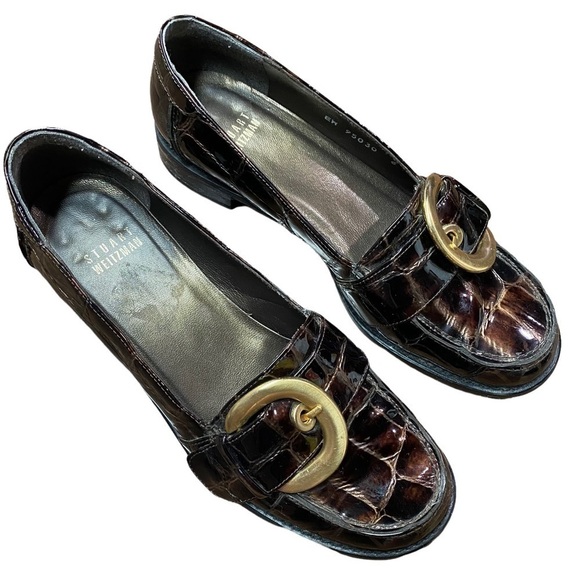 STUART Weitzman Crocodile loafers Brown with gold buckle - Picture 6 of 9